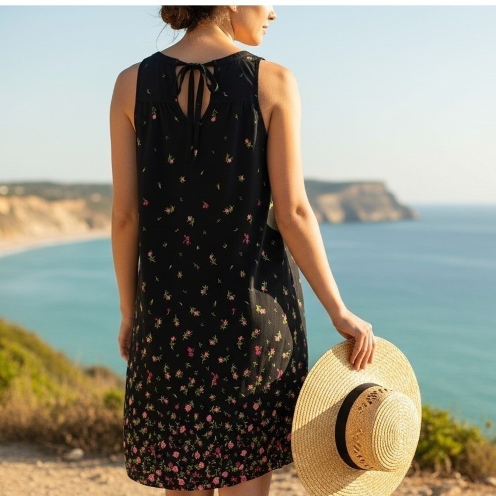 Old Navy Black Floral Sleeveless Sundress Midi Tie Back Keyhole Shift Dress M
